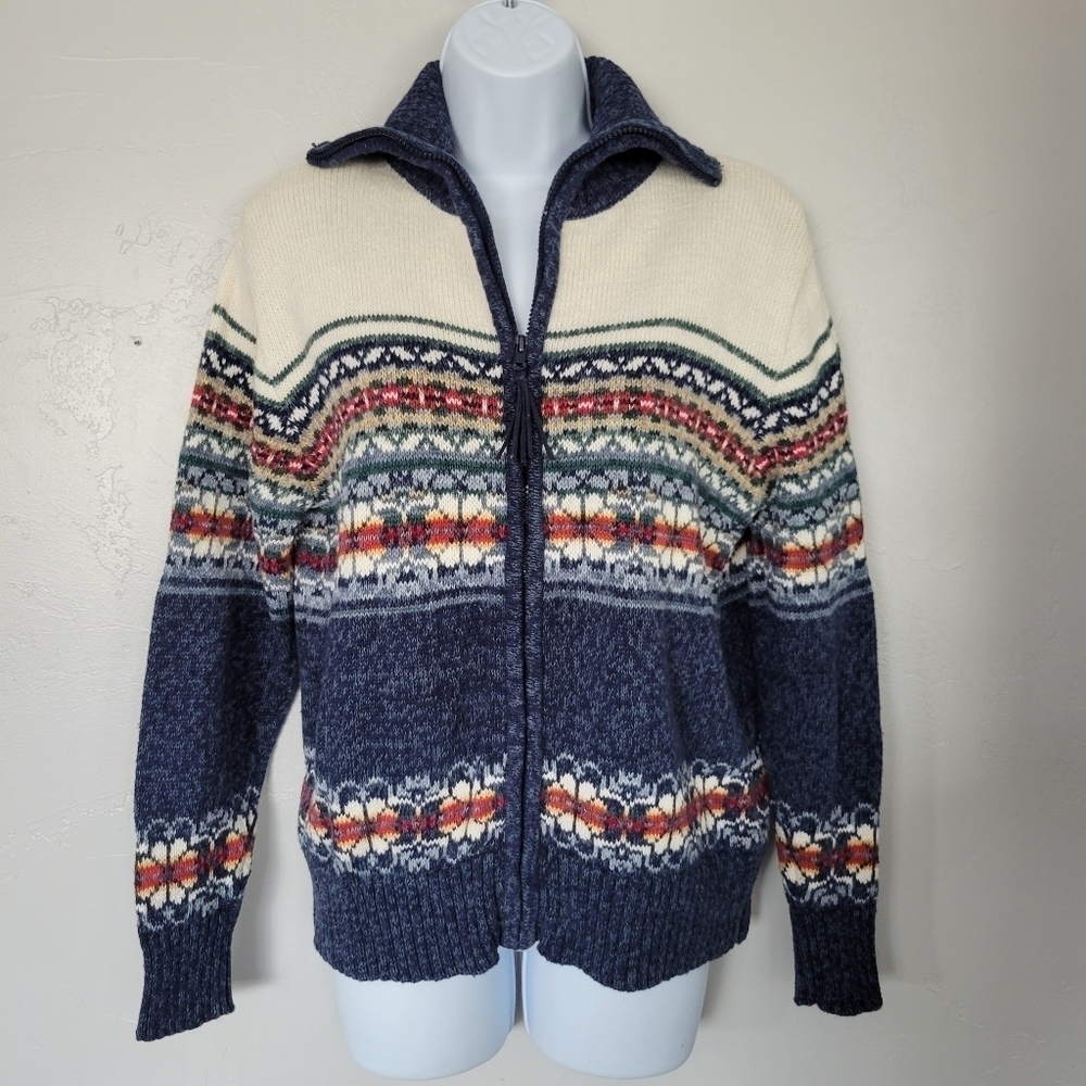 Tiara International Vintage Women's Medium Knit Jacket Full Zip Blue White Isle